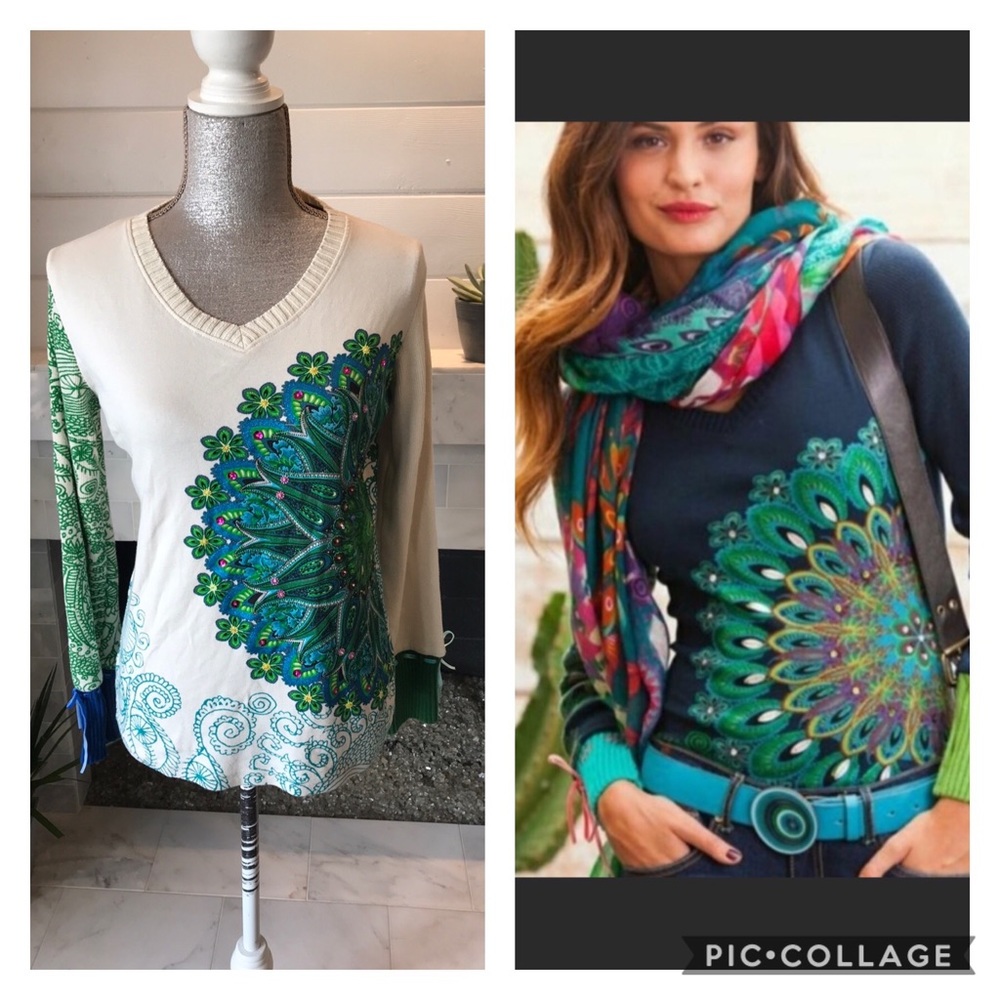Desigual Mandala Peacock Embellished Sweater L EUC